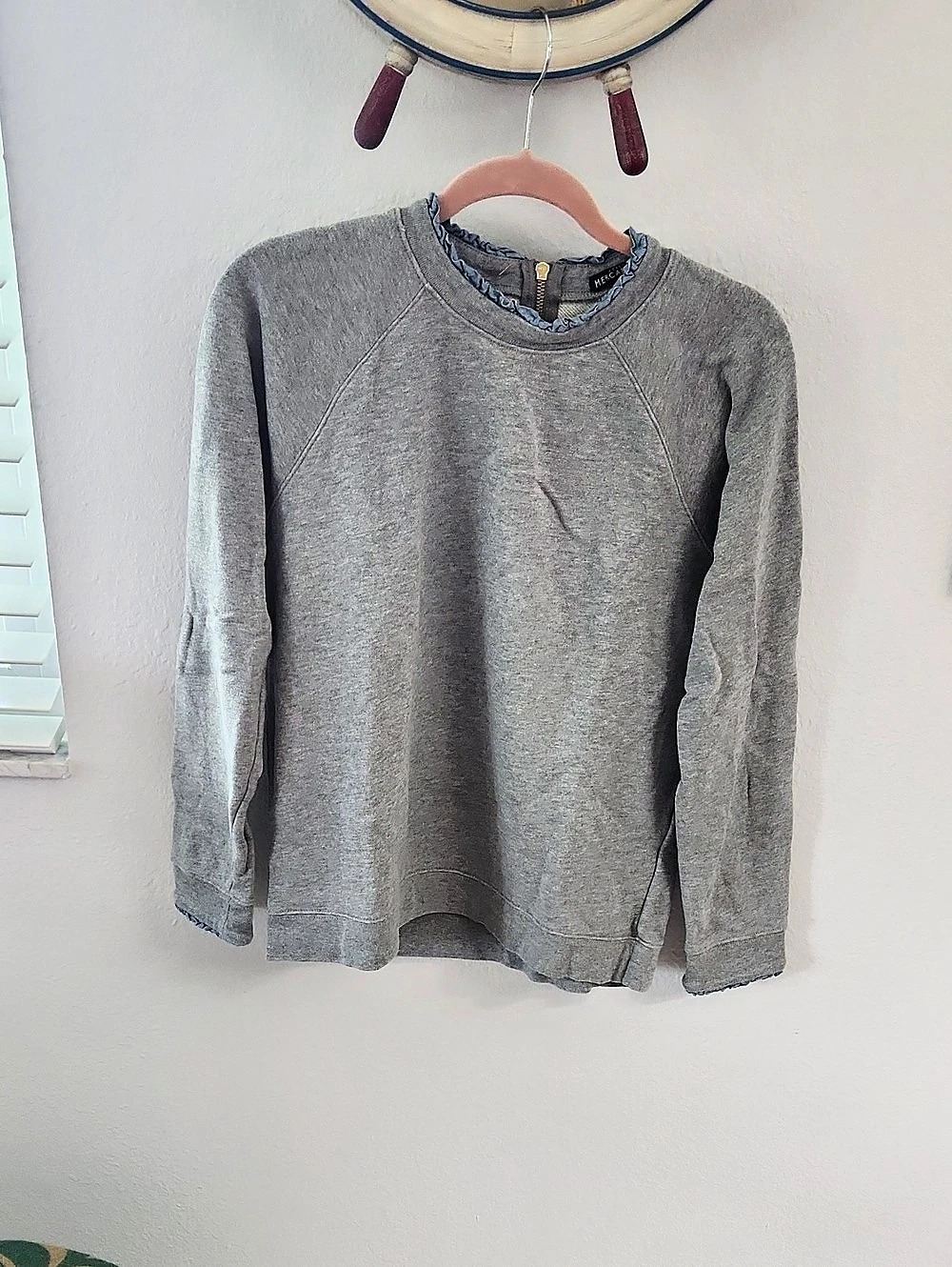 J.Crew Mercantile Ruffle Trim Sweatshirt with Back Zip Gray & Blue Size Large